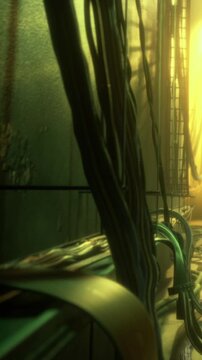 Cables and wires run along a wall in a narrow space. Light enters from above, casting shadows. The atmosphere feels industrial and somewhat cluttered.