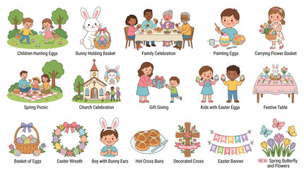 Obraz premium Children activity and celebration vector set with games, birthdays, learning and holiday traditions in cute cartoon style