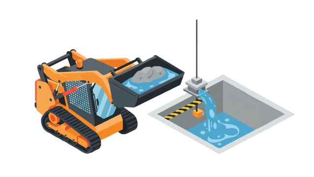 Isometric Skid Steer Loader Pouring Water into Underground Construction Pit Vector Illustration