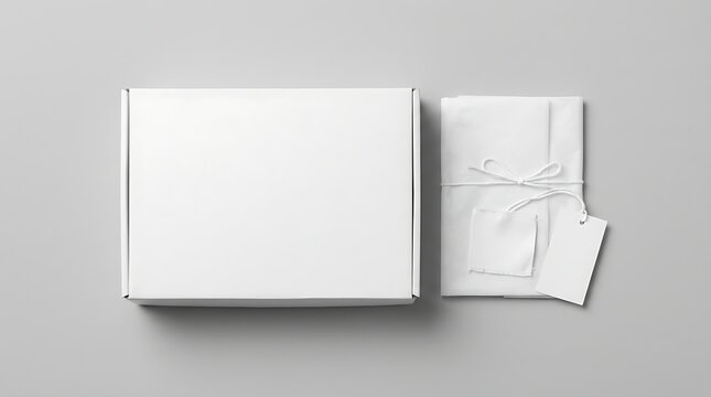 Blank white cardboard shipping box and wrapped package with tag for delivery branding mockup and parcel mail template