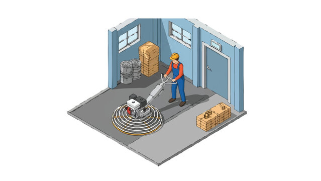 Isometric Construction Worker Polishing Concrete Floor with Power Trowel in Warehouse