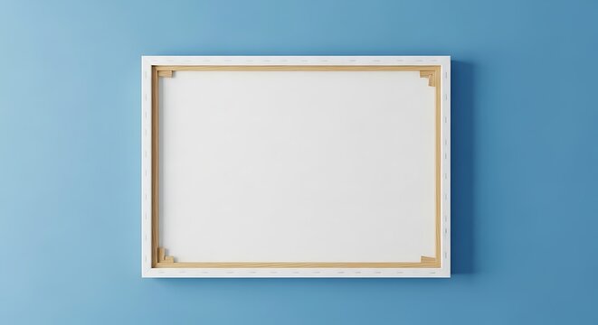 Empty rectangular canvas frame backside showing wooden stretcher bars on a vibrant blue wall for decor mockup