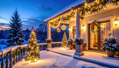Obraz premium Snowy house porch decorated for Christmas.