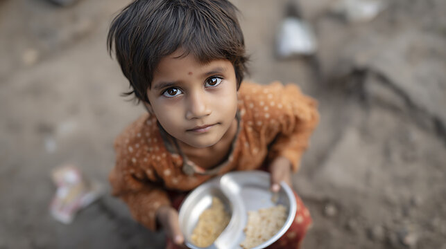Young child in worn clothes holds a metal plate with food, looking up with a soft expression, global poverty and hunger concept