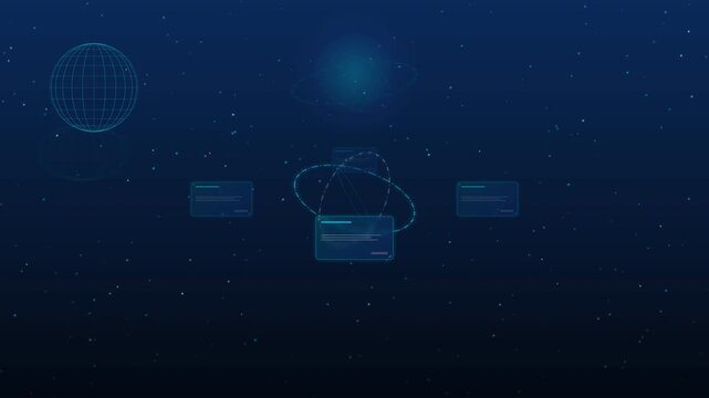 Futuristic motion animation depicting cloud computing data transfer and digital connectivity with glowing icons and dynamic visual effects.