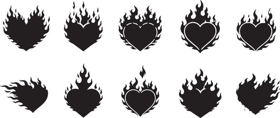 Fototapeta premium Burning heart silhouette collection with flame shapes isolated on white background, fiery love and passion symbols for romance, emotion and tattoo vector design