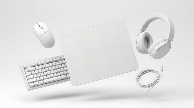 Floating gaming accessories mockup featuring keyboard mouse mousepad headset and cables for modern workstation setup presentation