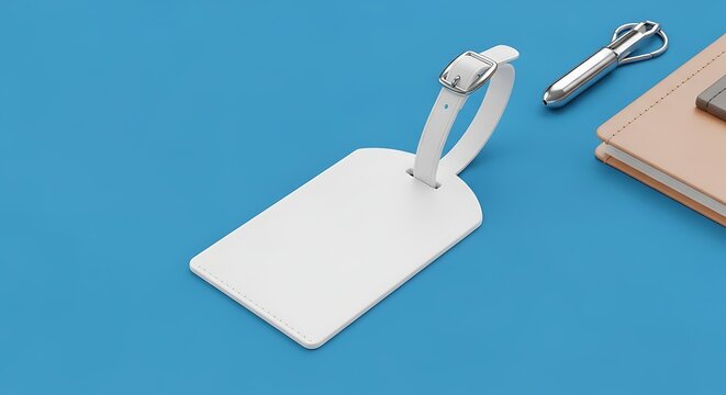 Blank white luggage tag with leather strap on blue background representing travel identity identification branding mockup
