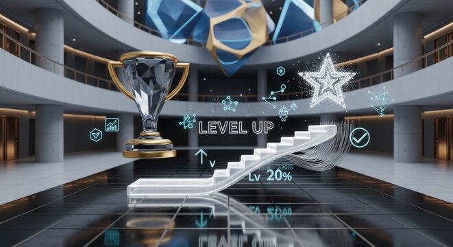 Futuristic conceptual image of global gamified learning infrastructure with floating abstract trophy level up steps and star sculptures in grand architectural void with copy space.