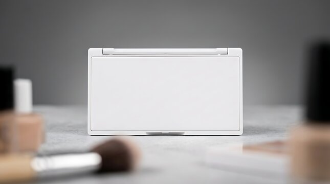 Blank white makeup palette case mockup centered on textured stone surface with cosmetic brushes and containers