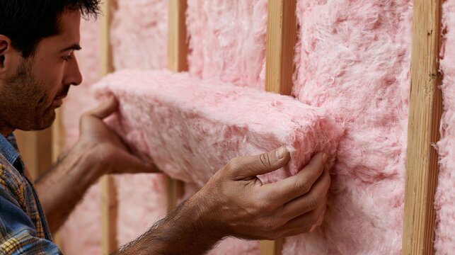Medium shot showing hands carefully placing pink fiberglass batt insulation between vertical wall studs to enhance thermal efficiency in a residential build.