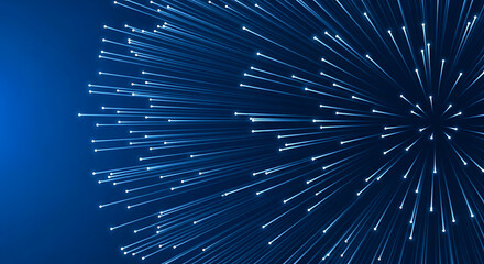 Obraz premium Abstract digital background featuring radiant blue light streaks exploding outward from a central point to create a dynamic futuristic particle motion effect