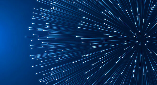 Abstract digital background featuring radiant blue light streaks exploding outward from a central point to create a dynamic futuristic particle motion effect