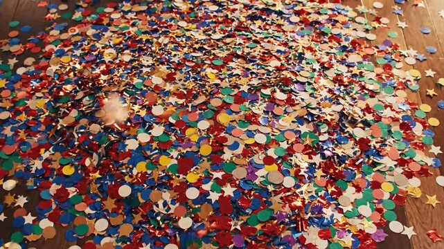 Colorful confetti falling onto rustic wooden floor boards.