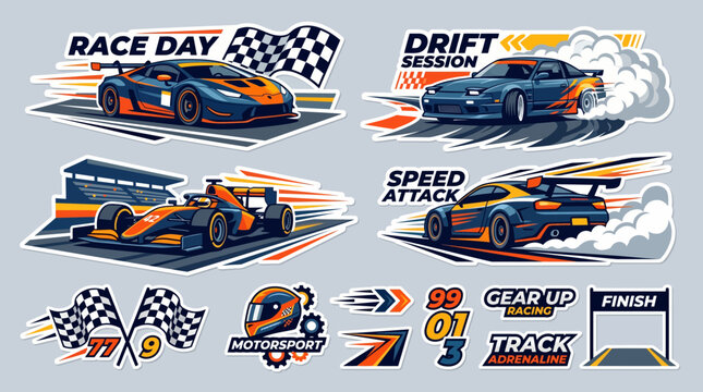 Collection of motorsport vector illustrations and racing stickers featuring sports car drift, formula race car, speed badge emblems, and checkered flag.