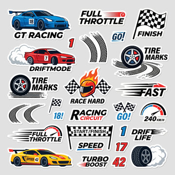 Large bundle of vector racing stickers and car decals featuring GT racing, drift mode, speedometer, tire marks, full throttle quote, and checkered flags.