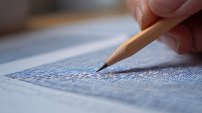 Close up of a hand holding a pencil and filling in bubbles on an answer sheet, ideal for education, examination, or survey concepts