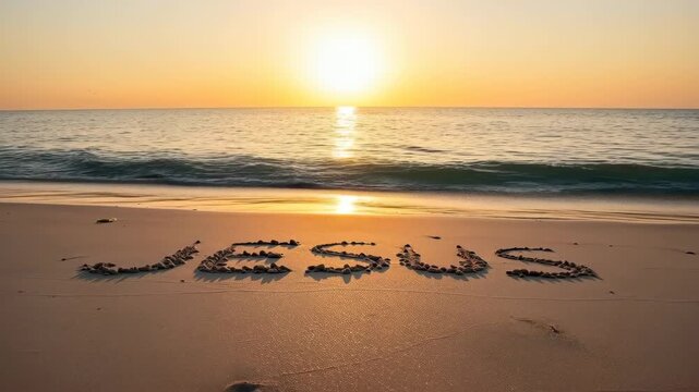 Jesus Written in Sand at Sunrise: The name Jesus is written in the sand on a tranquil beach at sunrise.