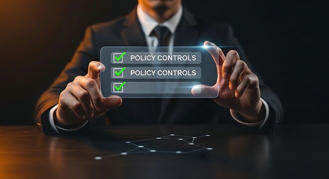 Businessman interacting with digital policy controls checklist interface on transparent screen representing corporate compliance and regulation.