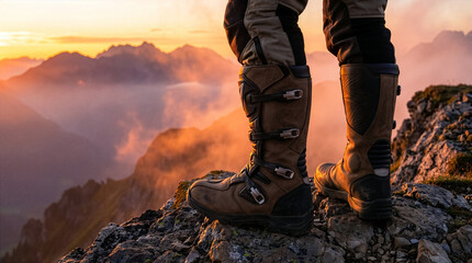 Motorcycle adventurer standing on a rocky mountain peak at sunset wearing sturdy boots and protective gear © Studio Fiuza