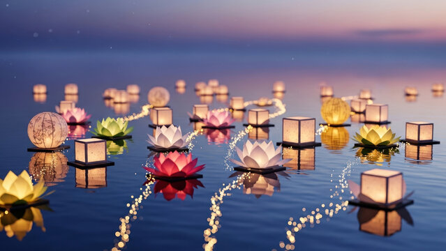 Photo-realistic Floating Lanterns and Lotus Flowers on Water for Spiritual Celebrations and Travel