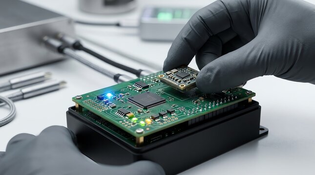 Close-up of hands in gloves installing a glowing circuit board into electronic device