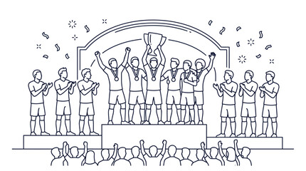 A team of soccer players celebrating a championship victory on a podium. © alfan fadhilah