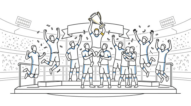A line art illustration of a victorious soccer team celebrating with a trophy on a podium.