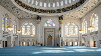 Fototapeta premium Photo-realistic Grand Mosque Interior with Ornate Islamic Religious Architecture and Blue Prayer Carpet