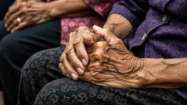 A Testament to Time: Close-up of weathered hands, showcasing the intricate lines and texture of aged skin, resting gently on the lap, a poignant reflection of a life lived and stories untold.