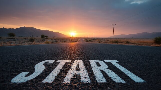 Asphalt Road With Start Marking Under Sunset Sky