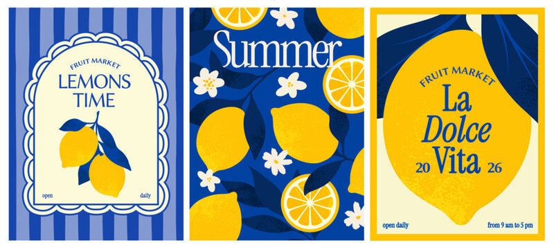Lemons Poster in Mediterranean style. Stylized lemon market posters with flat graphic style on bright decorative backgrounds showing citrus motifs as concept of summer freshness. Vector illustration