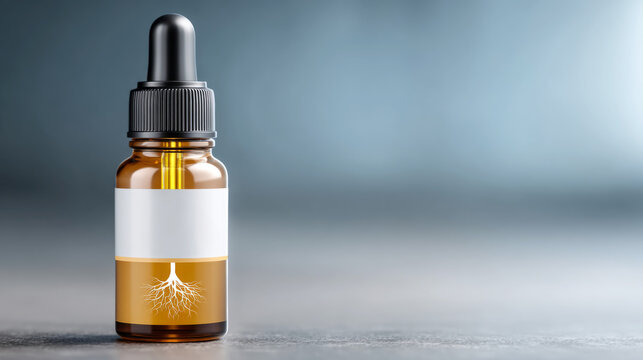 Brown glass dropper bottle with white label on smooth surface