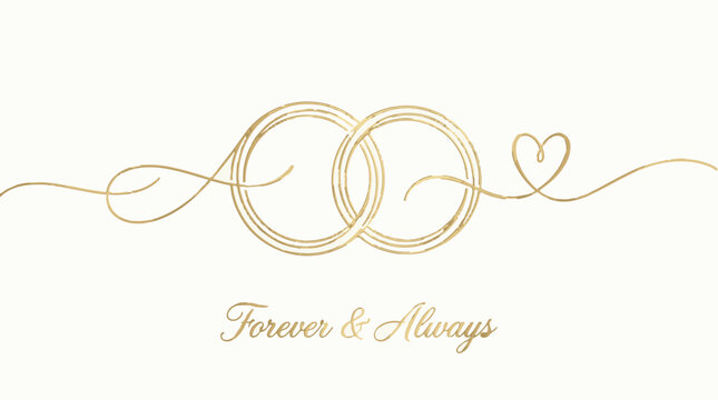 Interlocking gold rings with heart flourish and text