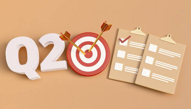 A 3D illustration of Q2 goals and objectives with a target and checklists