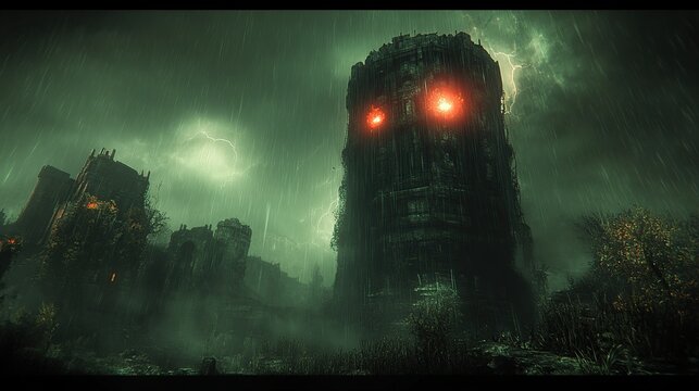 Foreboding Megalithic Tower with Red Glowing Eyes Over a Ruined Cityscape Beneath Greenish Mist