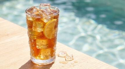 Refreshing iced tea with lemon and ice cubes by the pool on a sunny day © Studio Fiuza