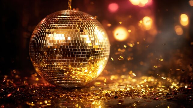 Golden Disco Ball Creates Light at Nightclub Party