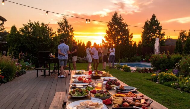 Summer Backyard BBQ Party at Sunset with Friends and Family Enjoying Food and Drinks.