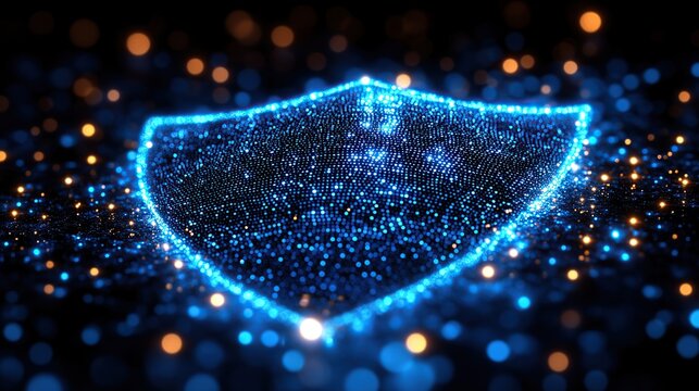 Futuristic blue neon particle shield forming a curved arc over a dark sparkling digital background