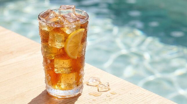 Refreshing iced tea with lemon and ice cubes by the pool on a sunny day