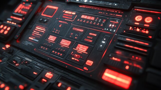 Futuristic control room console featuring glowing red data panels and buttons