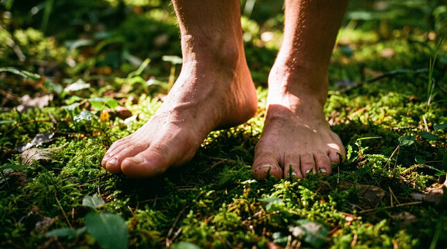Bare feet walking on lush green mossy forest floor in soft sunlight connecting with nature