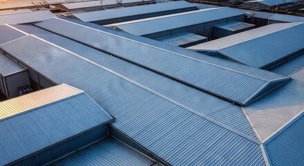 Fototapeta premium An expansive overhead perspective of industrial architecture showcasing structured roofs and metal surfaces in a cool-toned abstract grid, aerial, metallic, shadows