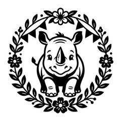 Baby rhino face inside floral wreath © AnilChandra