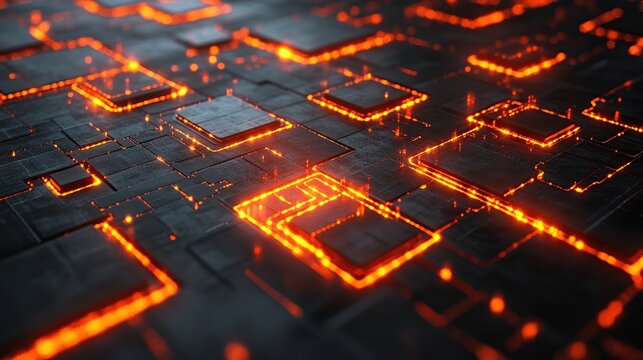 Futuristic glowing orange circuitry grid pattern emitting radiant neon squares