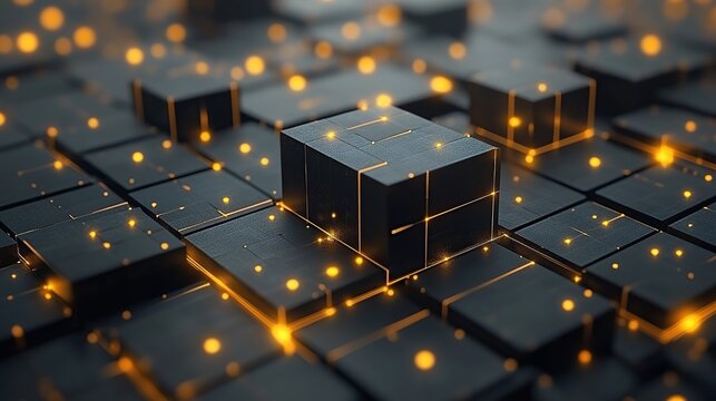 Futuristic Hollow Cube Grid in Dim Dark Space Illuminated by Glowing Neon Orange Dots and Lines