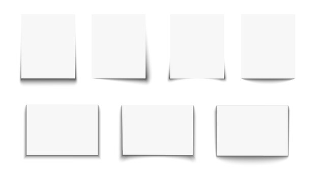 Set of paper sheets with shadow effects isolated on white background. Collection of blank white pages, cards, posters or banners. Photo or picture canva mockups. Vector realistic illustration.