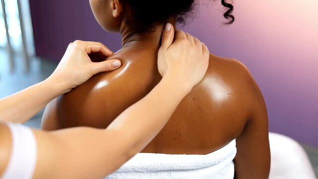Young professional masseuse hands massaging back of relaxed dark skinned woman with oil