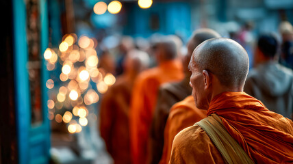 Fototapeta premium Monks walking through illuminated street